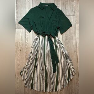 BloomChic Dark Green and Cream Striped Midi Dress